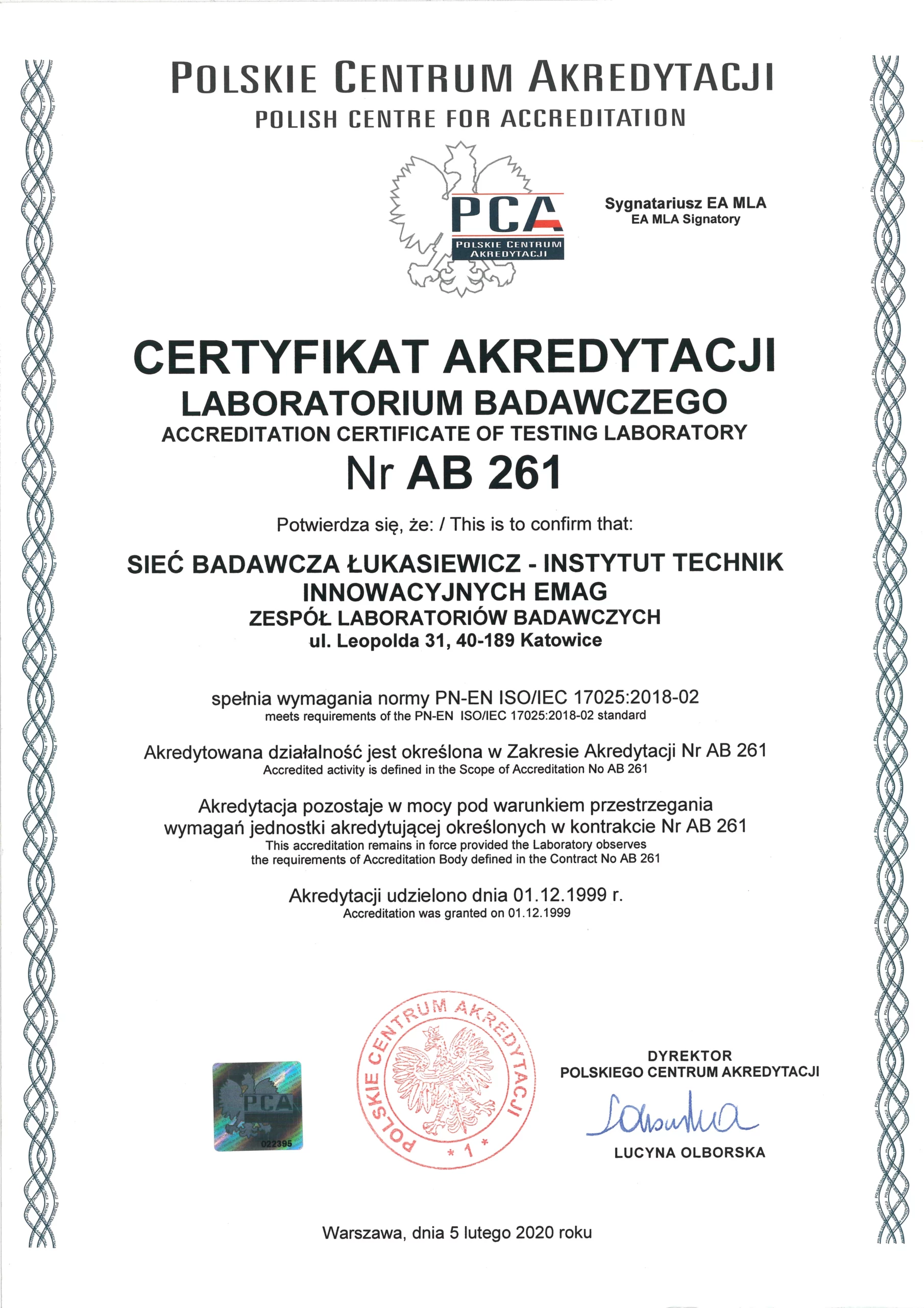 Certyfikat Akredytacji AB 261
