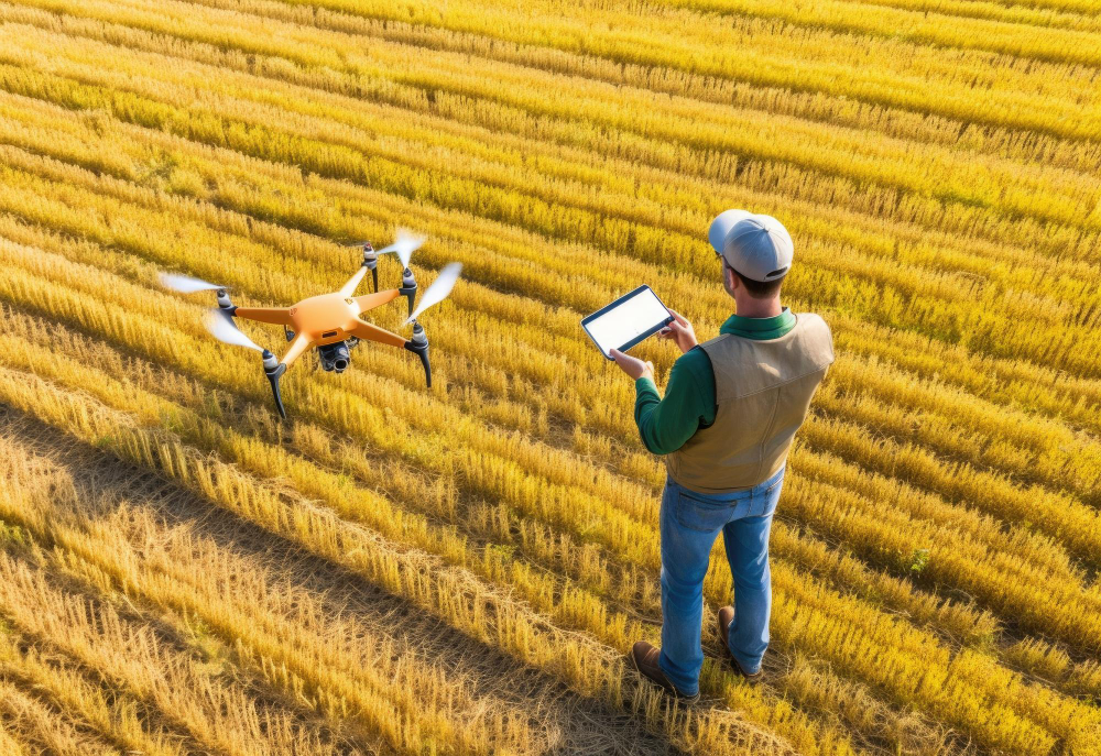 Mężczyzna trzyma tablet i stoi na polu. Przed nim dron.