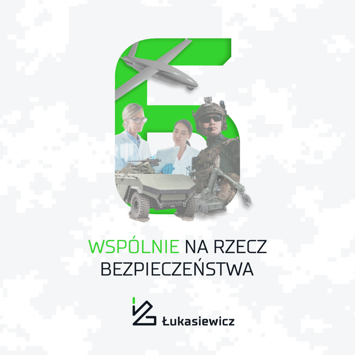 6 i elementy kojarzące się z obronnością. Logo Łukasiewicz.