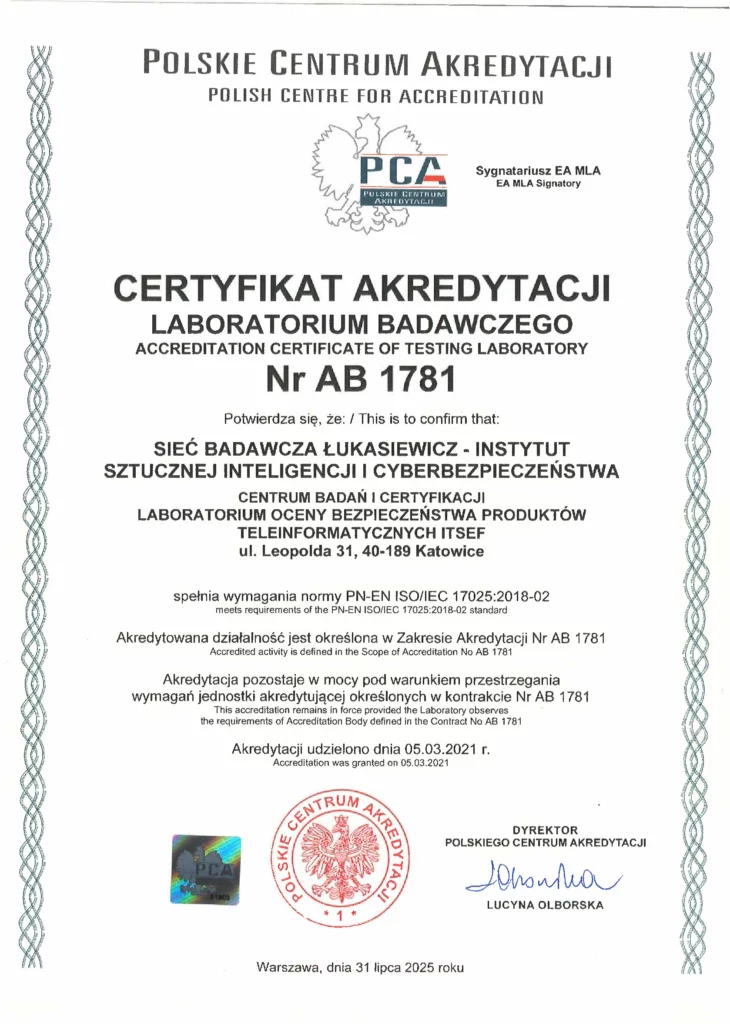 Certyfikat Akredytacji Nr AB 1781 Łukasiewicz - AI