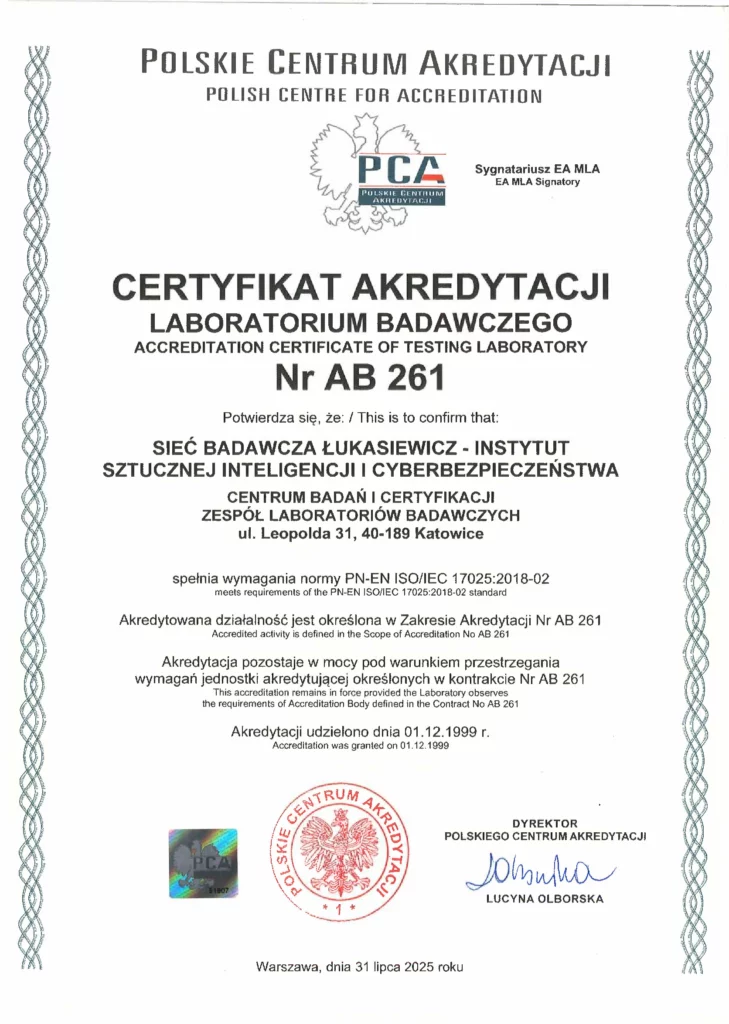 Certyfikat Akredytacji NR AB 261 Łukasiewicz - AI
