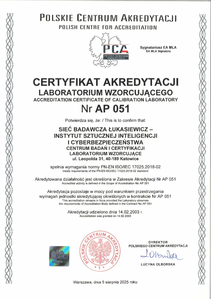 Certyfikat Akredytacji Nr AP 051 Łukasiewicz - AI