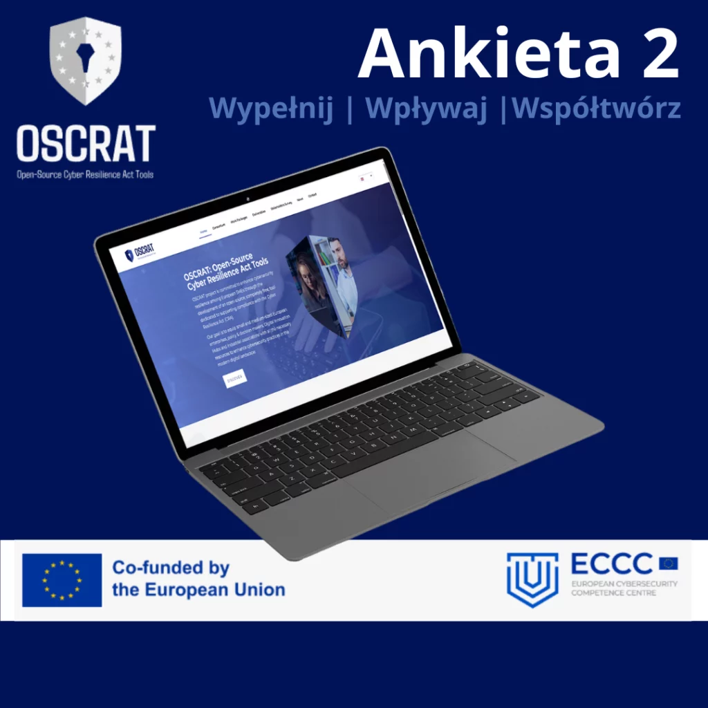 Laptop otwarty z prezentowaną treścią na ekranie. Logotypy.
