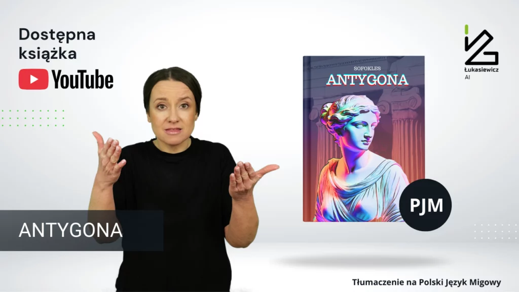 Kobieta wykonująca gest rękoma i okładka książki Antygona. YouTube. Dostępna książka