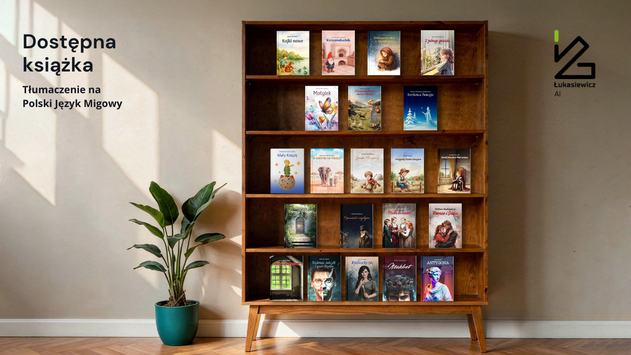 Regał z książkami. Łukasiewicz AI. Dostępna książka.