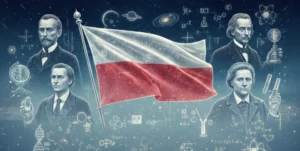 Flaga Polski w centralnym punkcie. Dookoła niej sylwetki 3 mężczyzn i jednej kobiety.