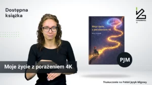 Kobieta migająca na PJM. Obok książka